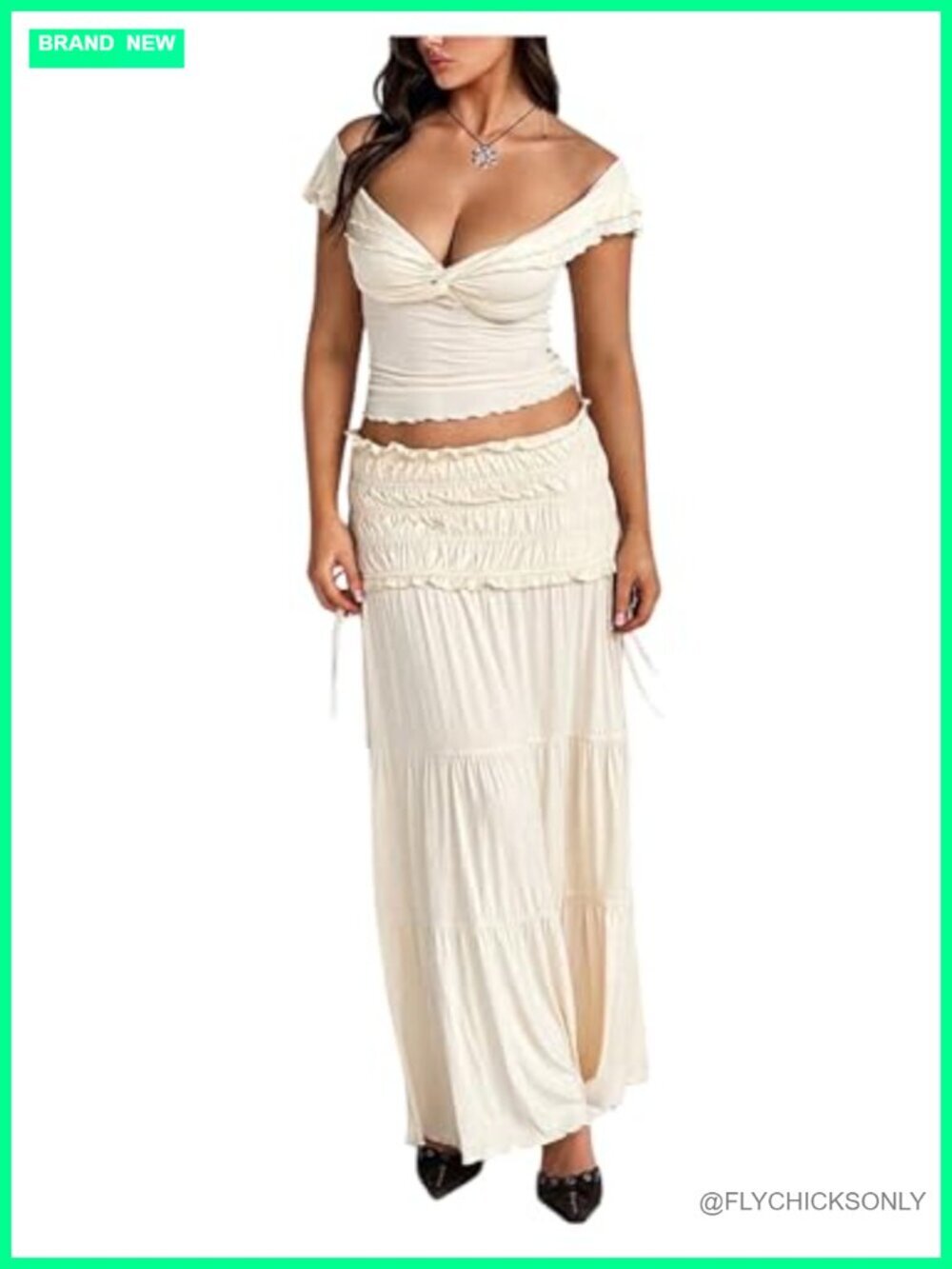 2 Piece Skirt Set: Off Shoulder Crop Top & Ruffle Maxi Skirt